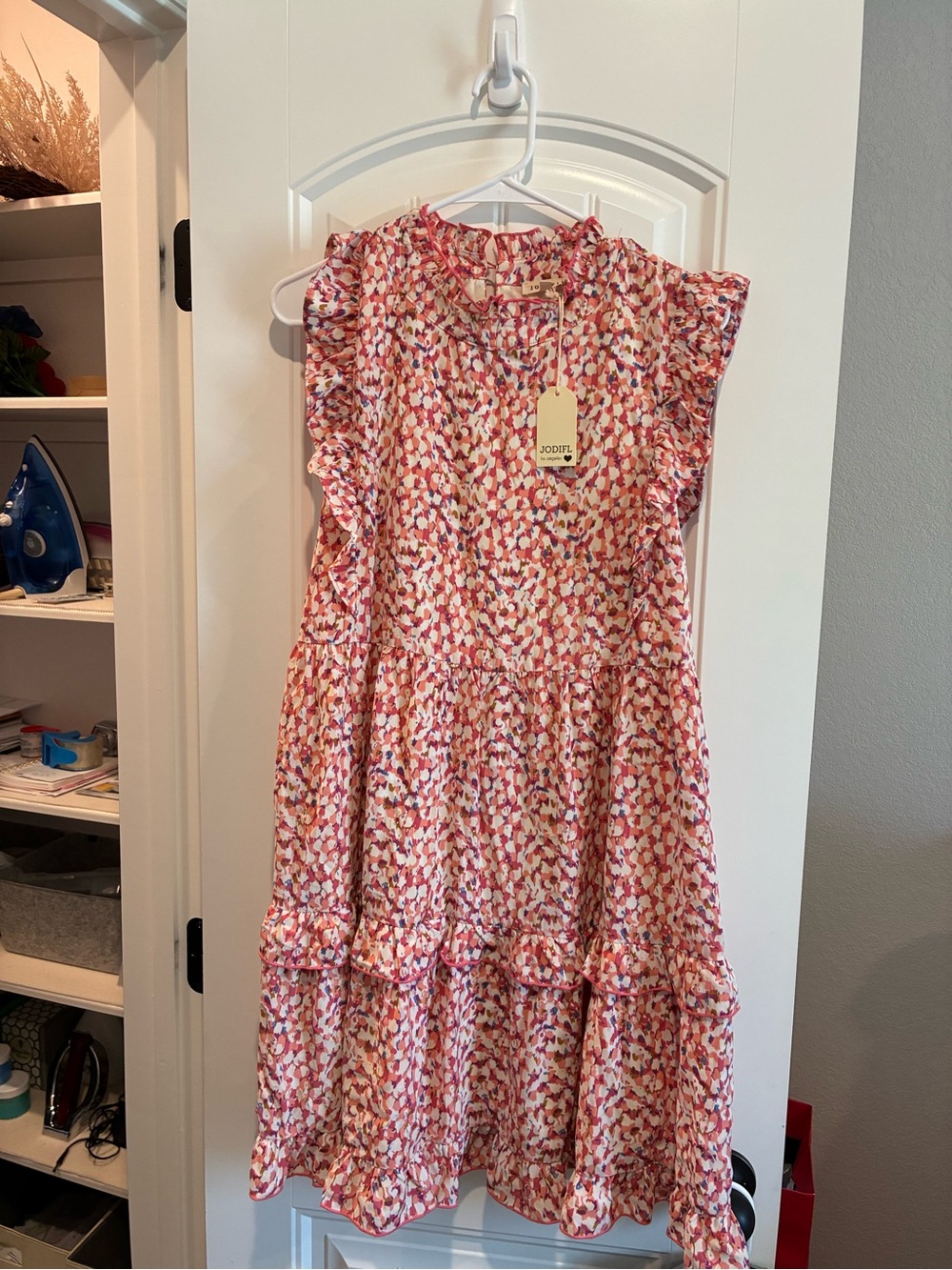 JODIFL Pink Multicolor Floral Ruffle Tiered Midi Dress